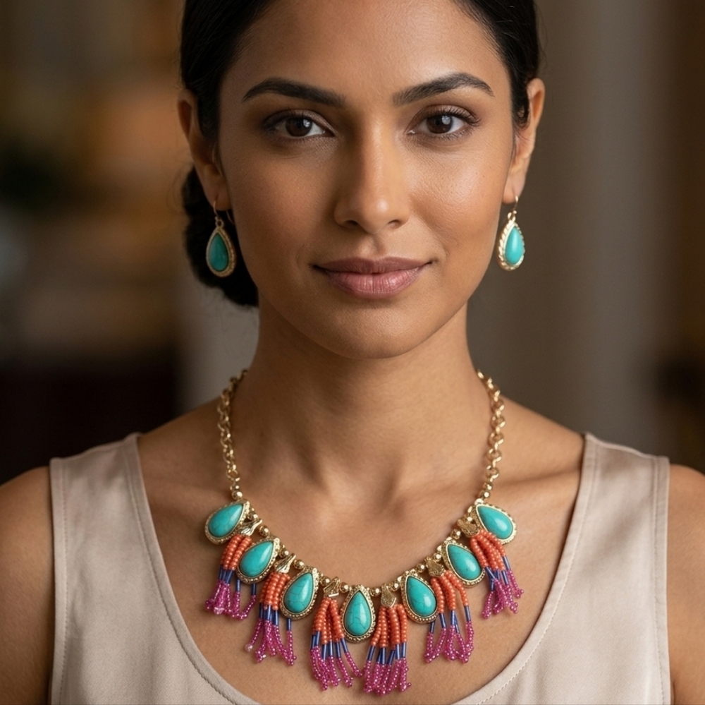 NWT)Boho Ethnic Turquoise & Colorful Beaded Statement Necklace & Earrings Set